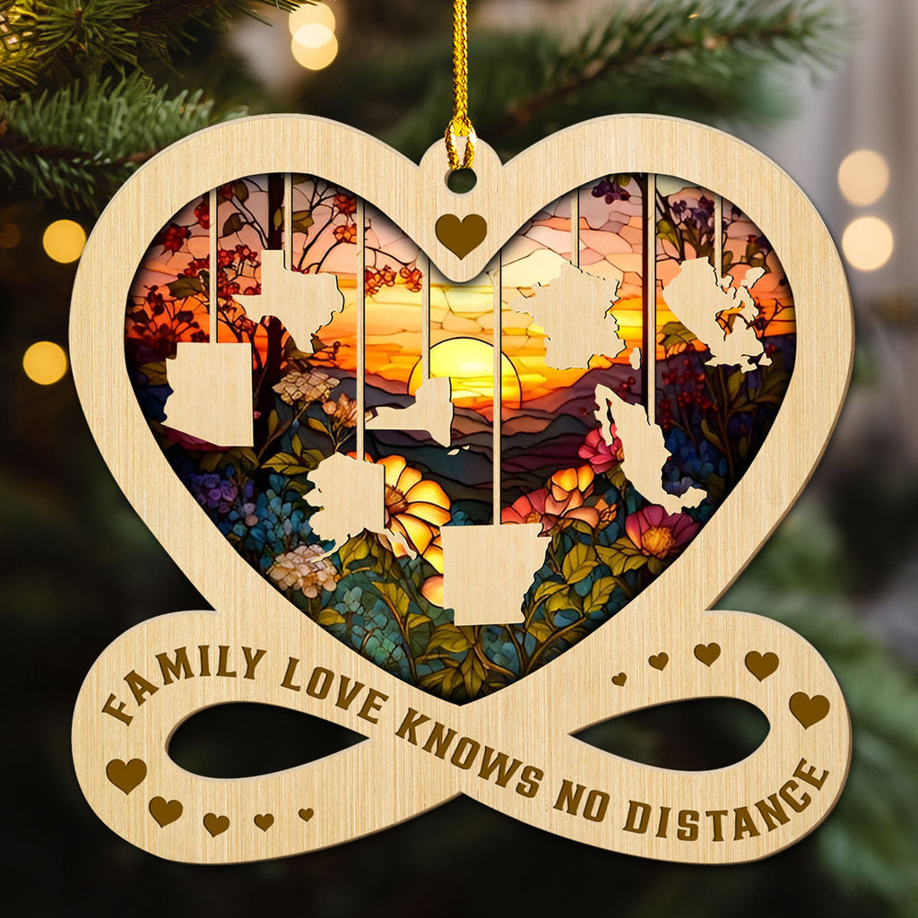 Custom Family Christmas Ornament for Long Distance Families •  Family Love Knows No Distance - Personalized Wood Ornament