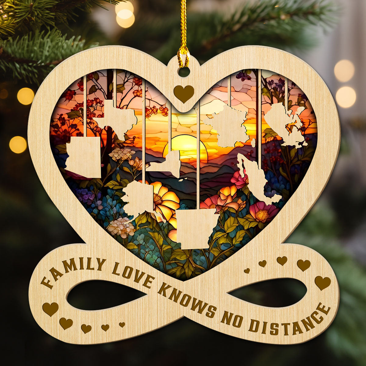 Custom Family Christmas Ornament for Long Distance Families •  Family Love Knows No Distance - Personalized Wood Ornament