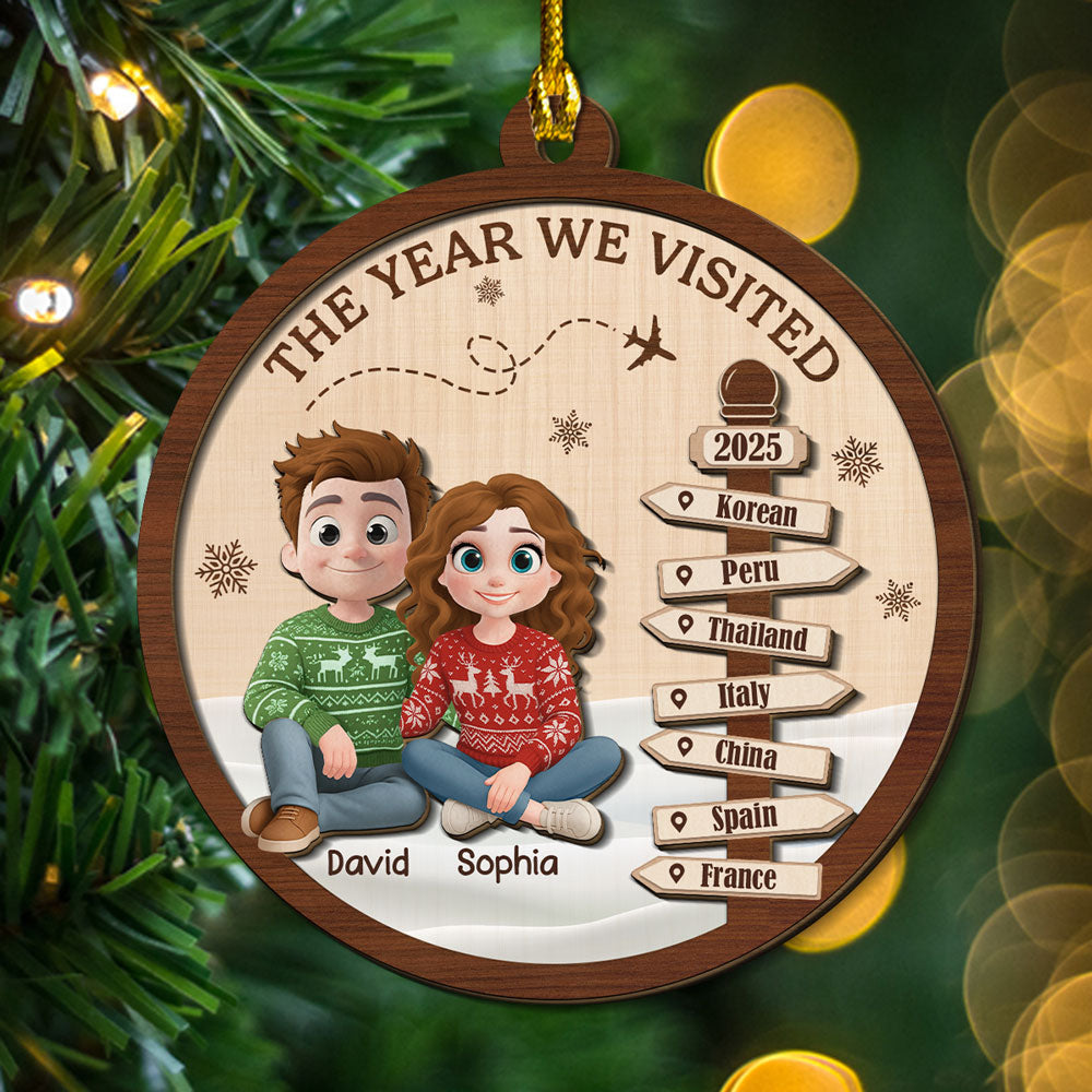 Custom Couple Christmas Ornament, Anniversary Gift •  Visit The World Together - Personalized 2-Layered Wood Ornament