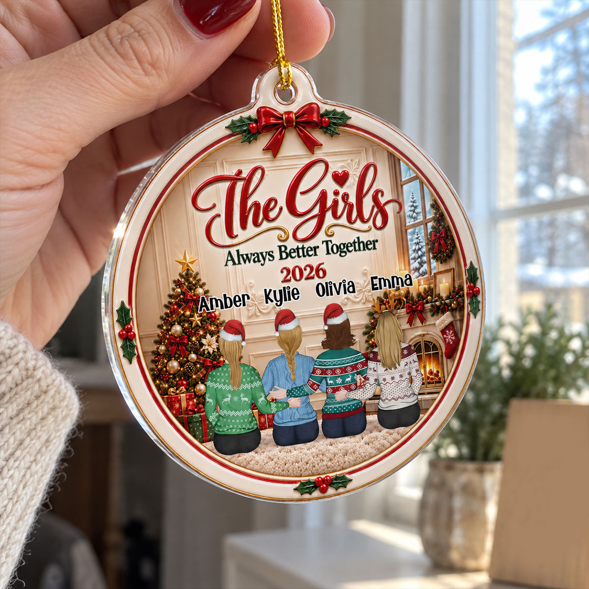 Custom Sister Christmas Ornament •  Gathered in Plaid - Personalized Acrylic Ornament