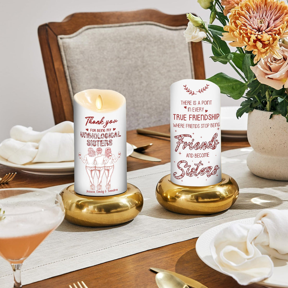 Where Friends Become Sisters Blue Toile - Personalized LED Candle