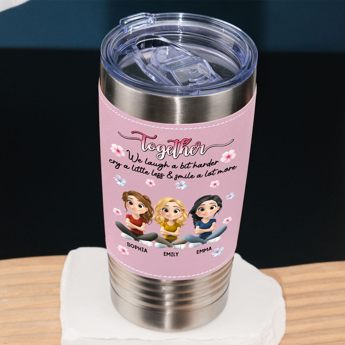 Custom Christmas Birthday Gifts For Best Friend • Together We Laugh - Personalized Pink Leather Tumbler