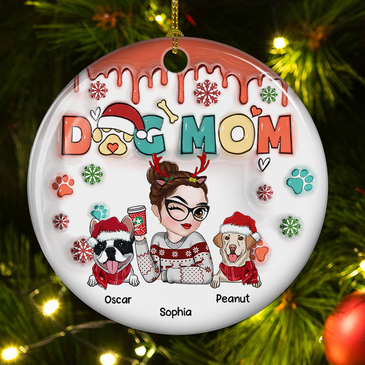 Custom Keepsake Christmas Ornament •  Dog Mom Christmas Paw - Personalized 3D Inflated Effect Ceramic Ornament