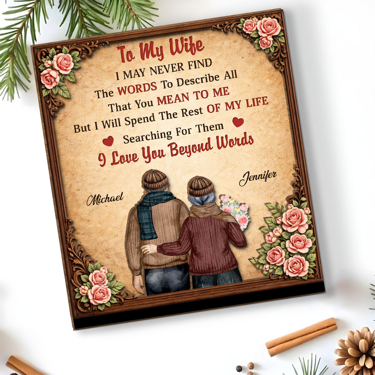 Custom Decor for Wife, Gift for Her • I Love You Beyond Words - Personalized 2-Layer Wood Plaque With Flat Base