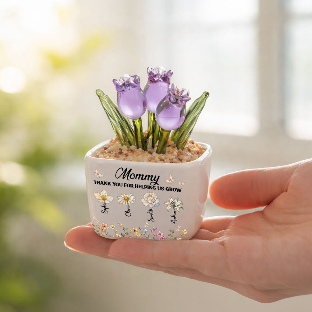 Custom Flower Keepsake, Glass Home Decor Gift for Grandma • Grandma Helping Me Grow - Personalized Glass Everlasting Tulips