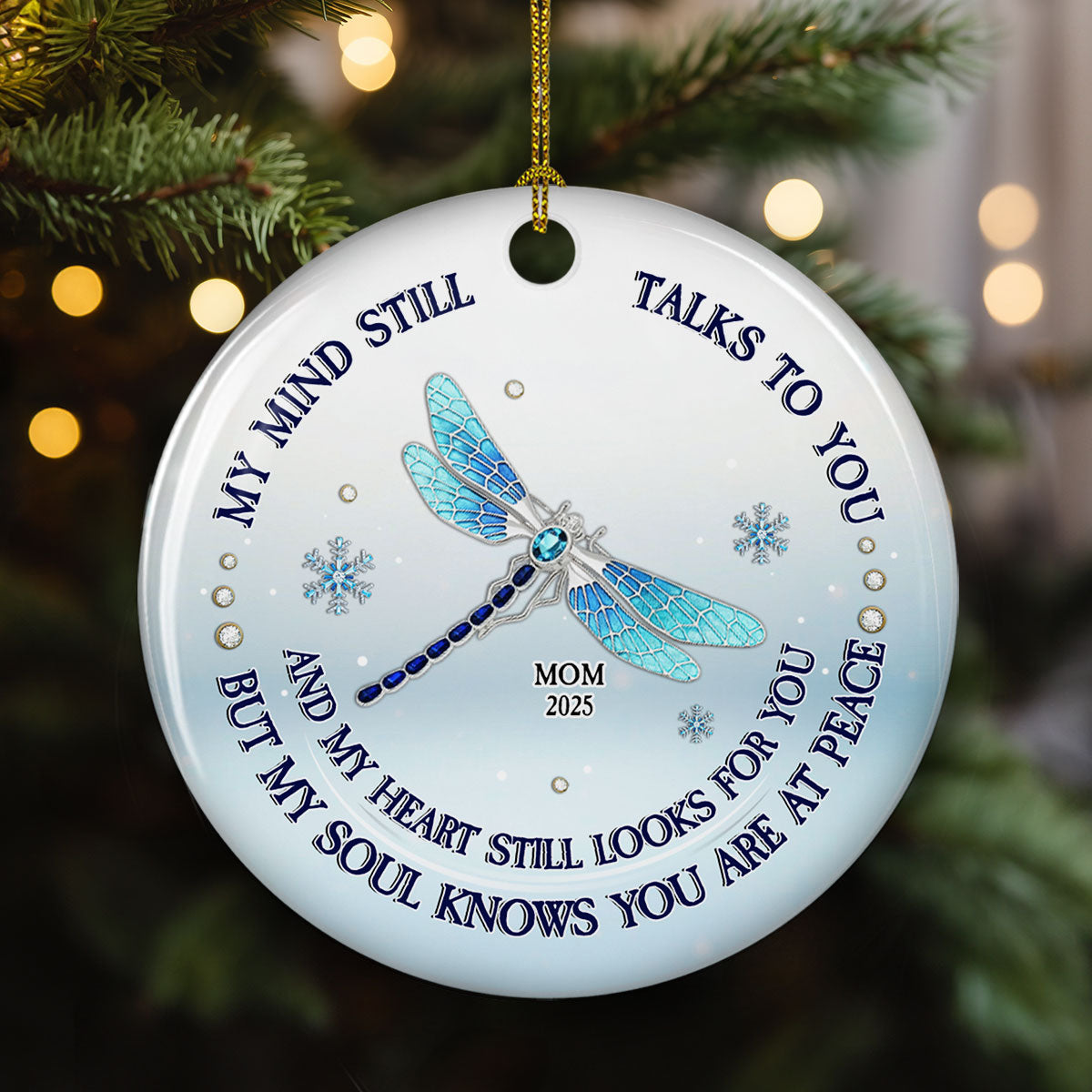 Custom Memorial Christmas Ornament, Sympathy Keepsake •  My Mind My Heart My Soul Blue Crystal - Personalized Ceramic Ornament