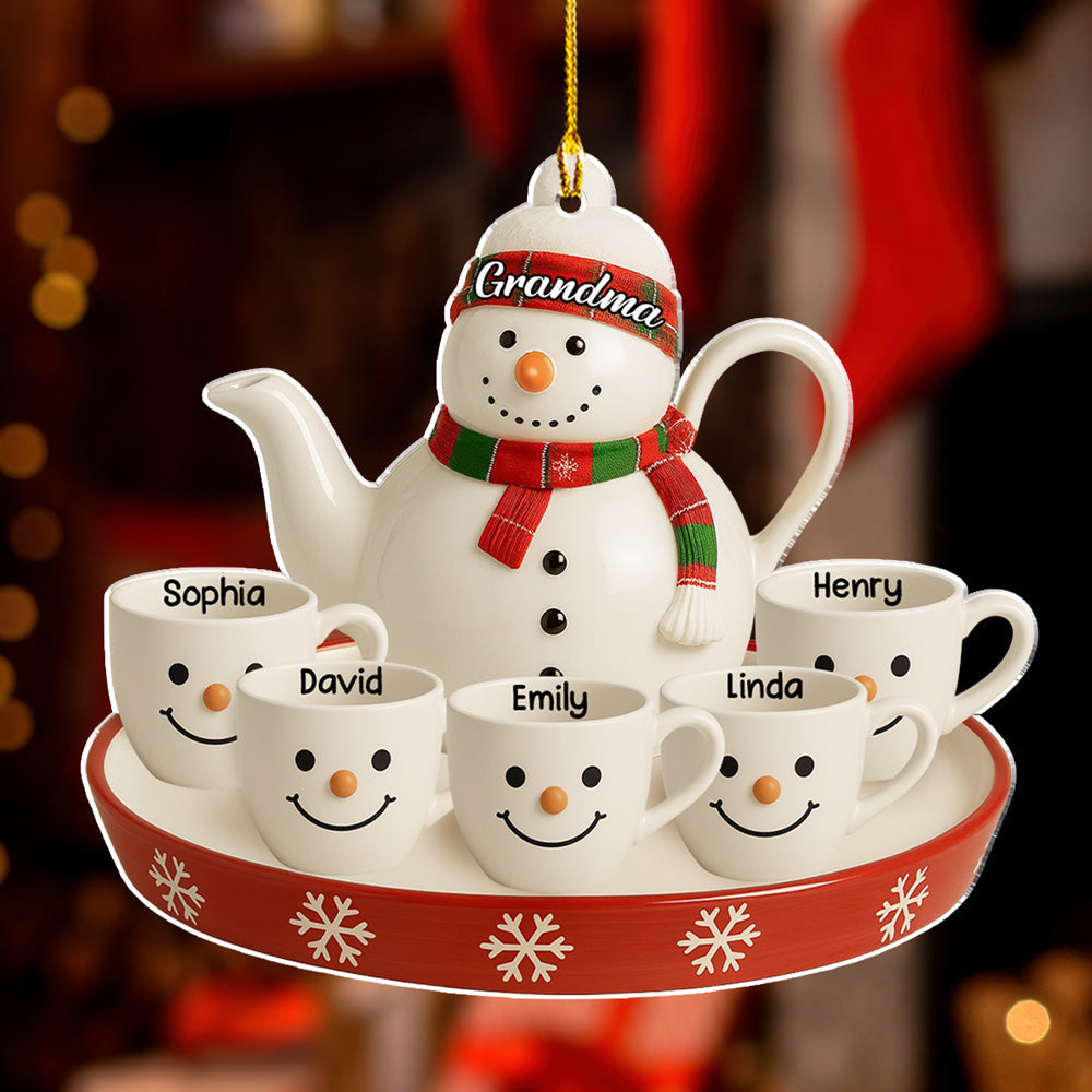 Custom Family Ornament, Christmas Gift for Family Members •  Snowman Smile Tea Set - Personalized Acrylic Ornament