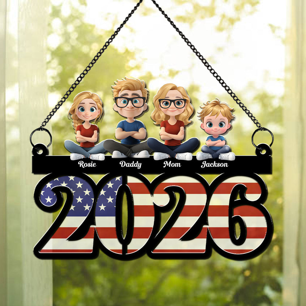 Custom Family Patriotic Hanging Decor, 4th of July • Family Sitting America 250th Anniversary - Personalized Suncatcher
