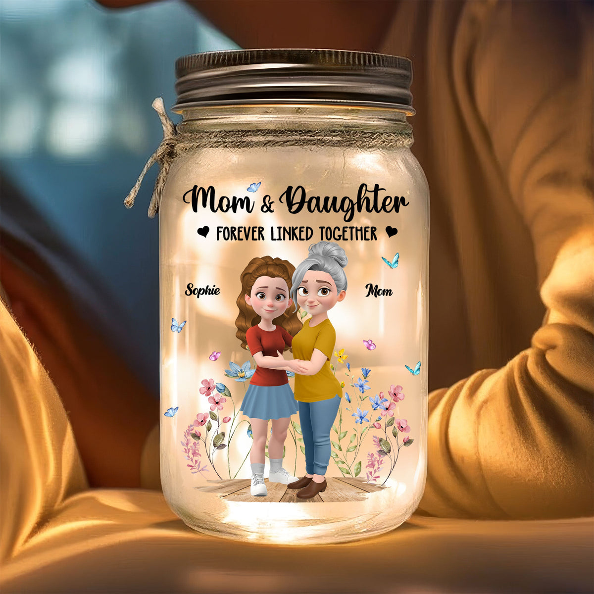 Mom And Daughter Forever Linked Together - Personalized Mason Jar Light