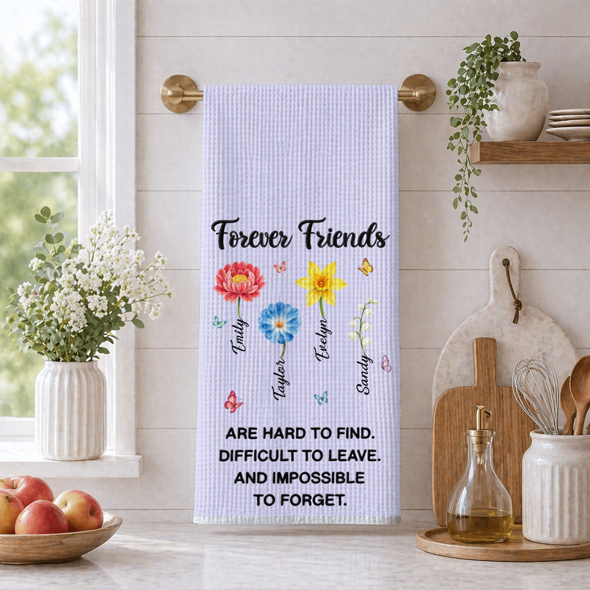 Custom Sister Kitchen Towel With Names, Birthday Christmas Gift For Sister Sibling • Forever Friends Floral Blooms - Personalized Kitchen Towel