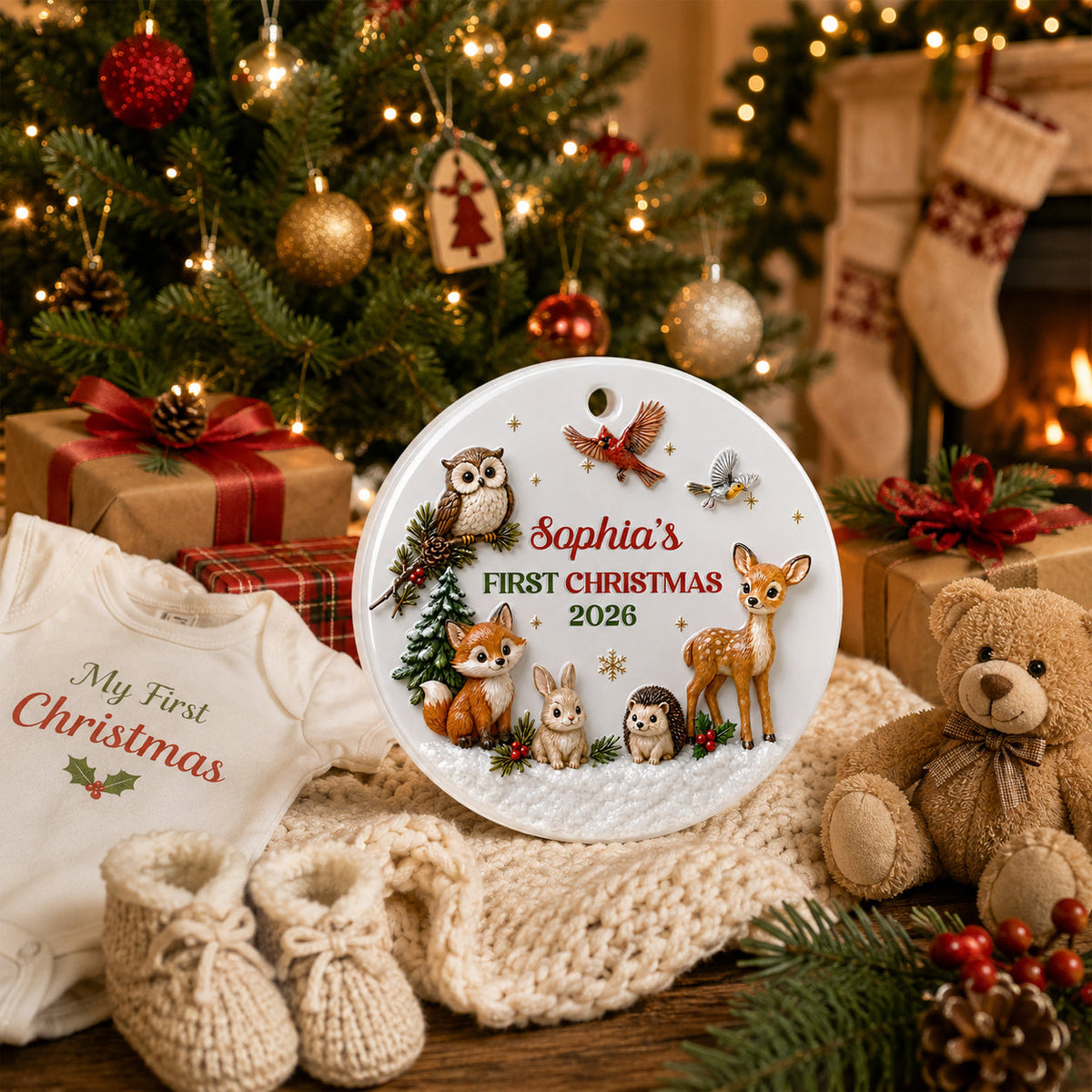 Custom Family First Christmas Ornament •  First Christmas With Our Little - Personalized 3D White Acrylic Ornament
