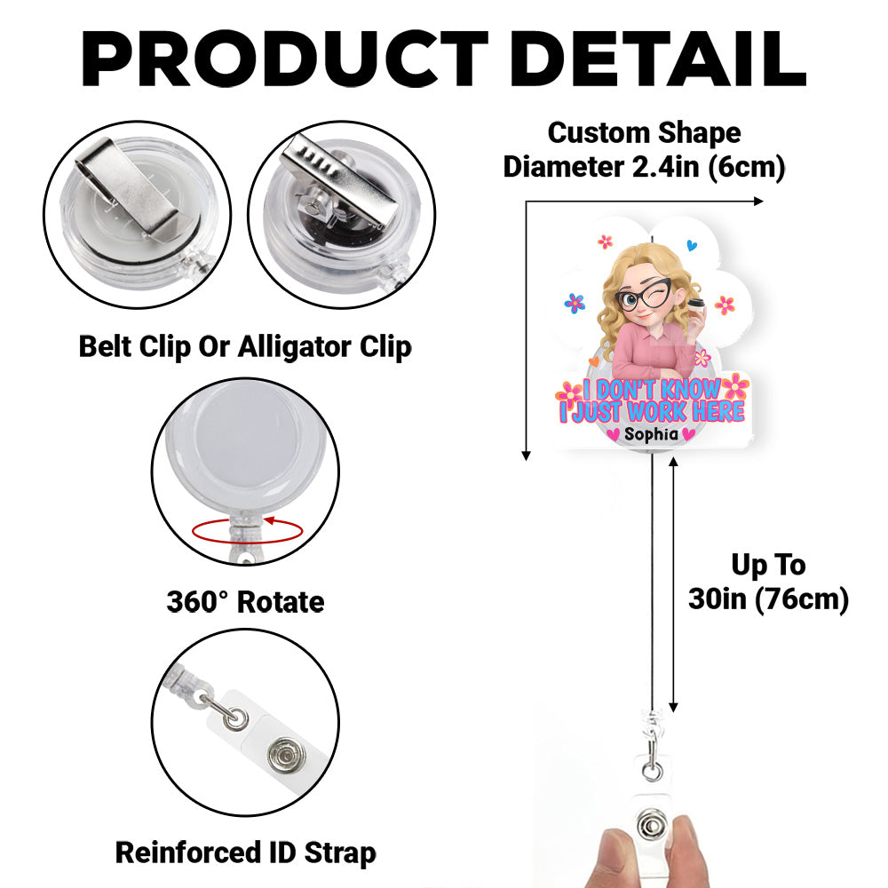 Custom ID Holder Gifts For Coworker, For Boss, Office Gift With Name • I Just Work Here - Personalized Acrylic Badge Reel