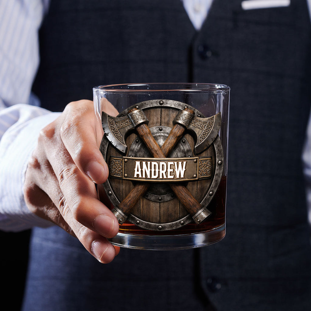 Custom Christmas Anniversary Birthday Drinkware Gifts for Husband • Viking Warrior Shield - Personalized Whiskey Glass