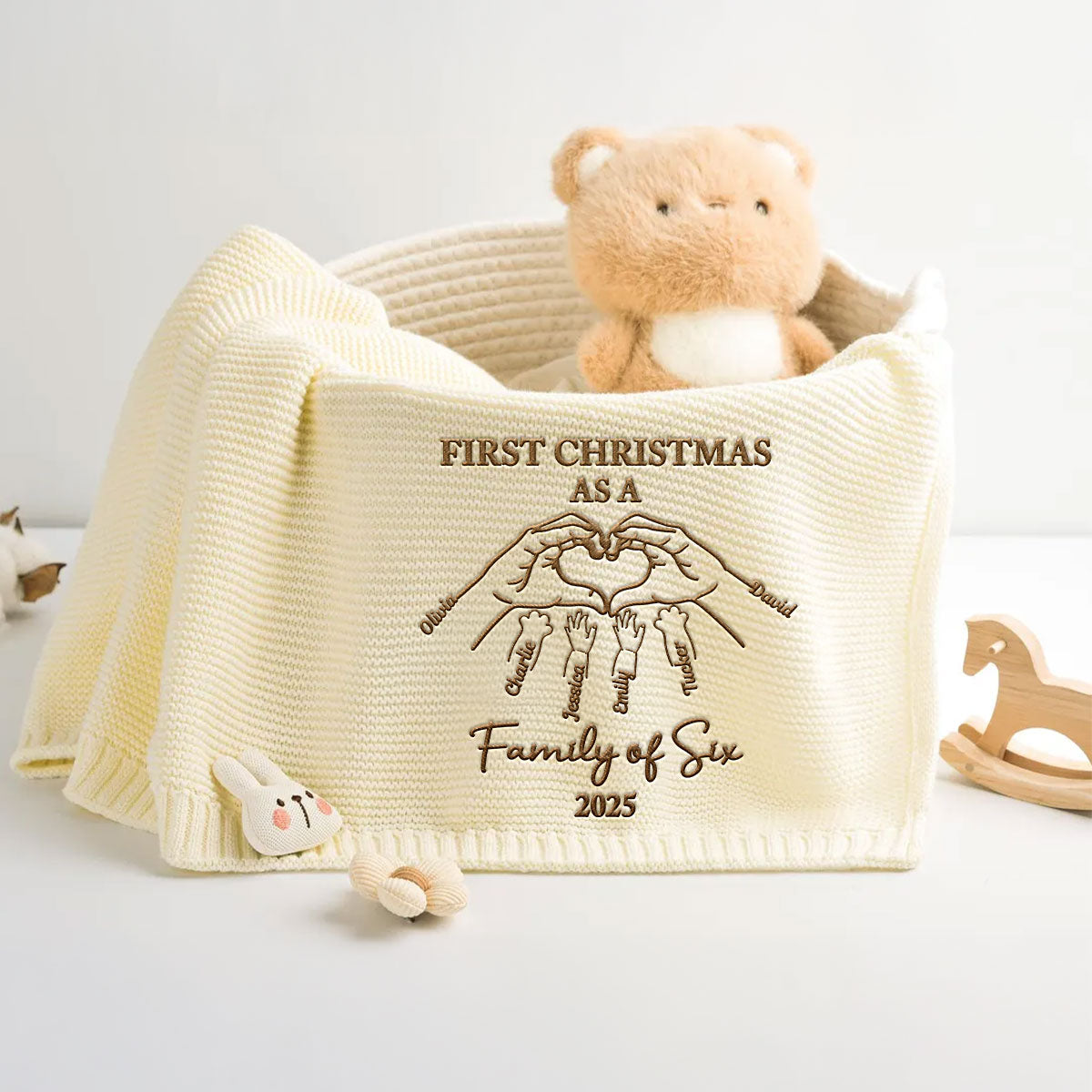 First Christmas Family Of Three - Personalized Embroidered Knitted Baby Blanket