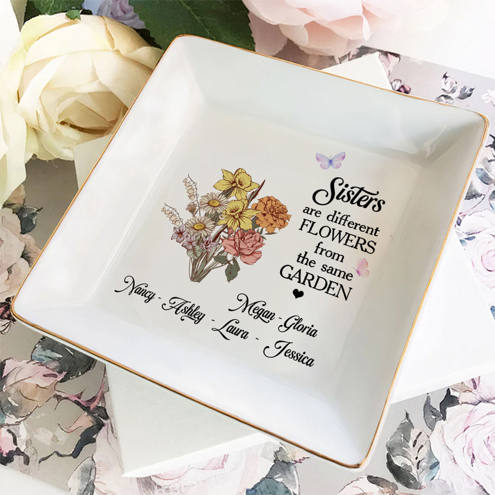 Custom Sister Trinket Dish, Birthday Christmas Gift for Sister • Floral Sisters Forever - Personalized Jewelry Dish