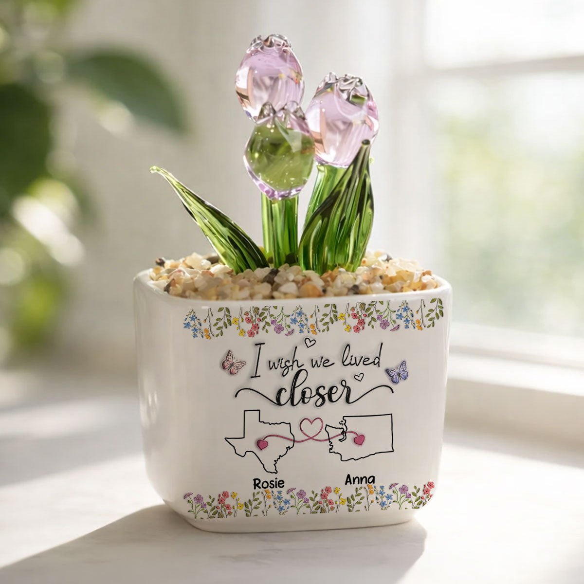Custom Flower Keepsake, Glass Home Decor Gift for Best Friend • I Wish We Lived Closer Floral Version - Personalized Glass Everlasting Tulips