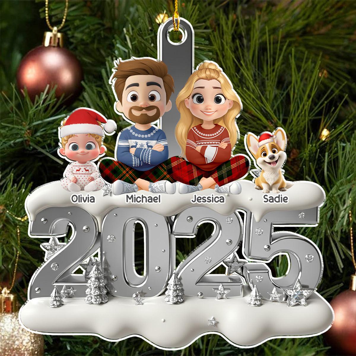 Custom Family Ornament, Christmas Gift for Family Members •  Silvery Year - Personalized 3D Effect Acrylic Ornament