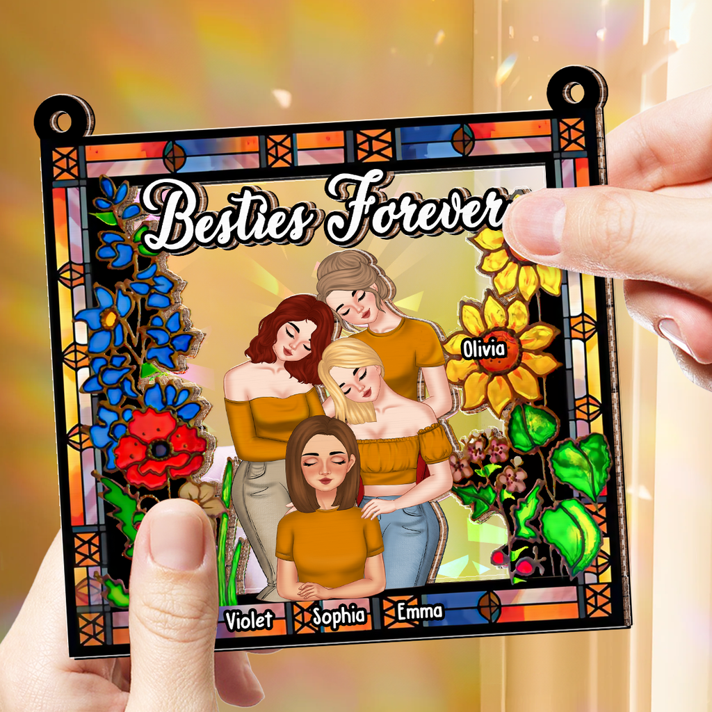 Custom Best Friend Hanging Decor, Friendship Birthday Gifts • Besties Forever Floral Style - Personalized Rainbow Suncatcher