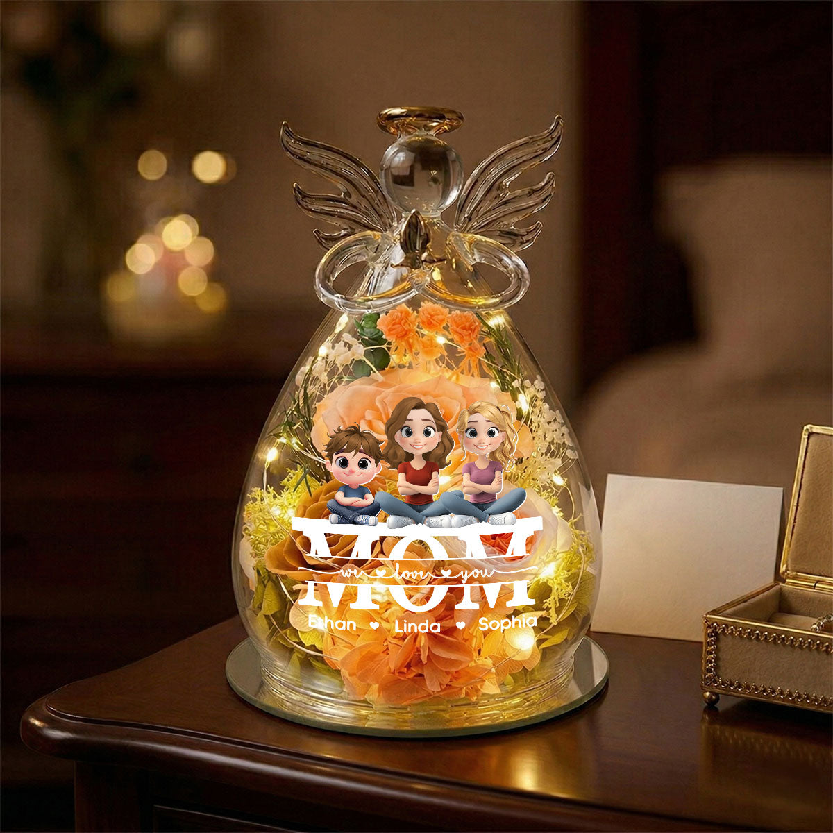 We Love You Mom - Personalized Glass Angel Figurines Fresh Flowers
