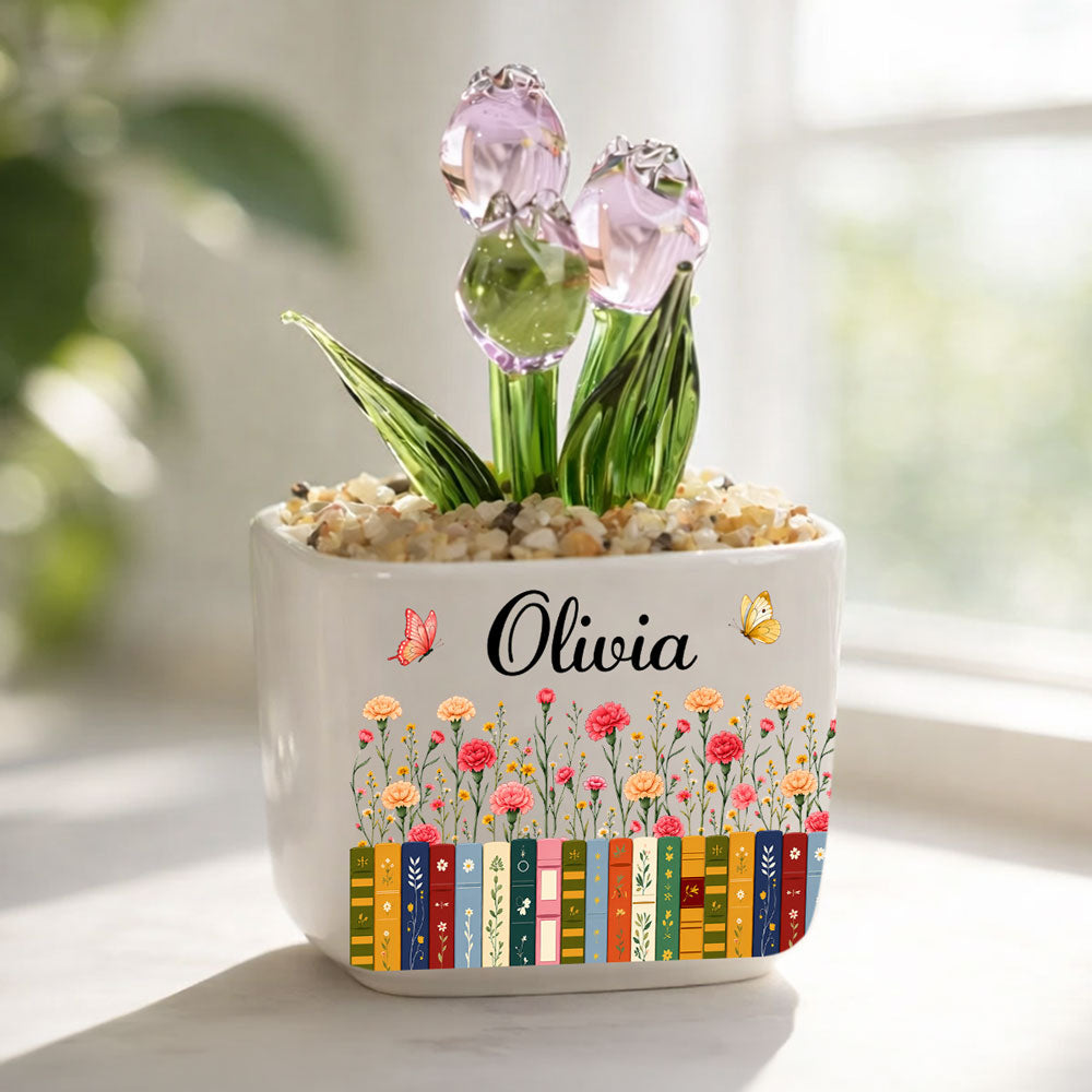 Custom Christmas Birthday Home Decor Gift For Book Lovers, Bookworms • Love Grows Between Pages - Personalized Glass Everlasting Tulips