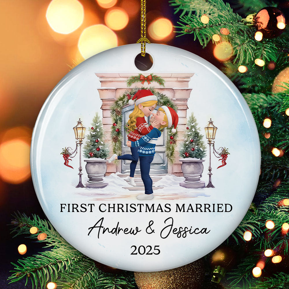 Custom First Christmas Ornament Married, Gift for Newlyweds •  Love Shines Bright This Christmas - Personalized Ceramic Ornament