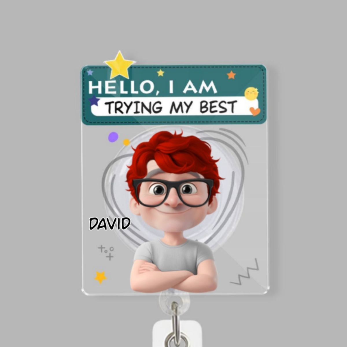 Custom ID Holder Gifts For Coworker, For Boss, Office Gift With Name • I Am Trying My Best Male - Personalized Acrylic Badge Reel