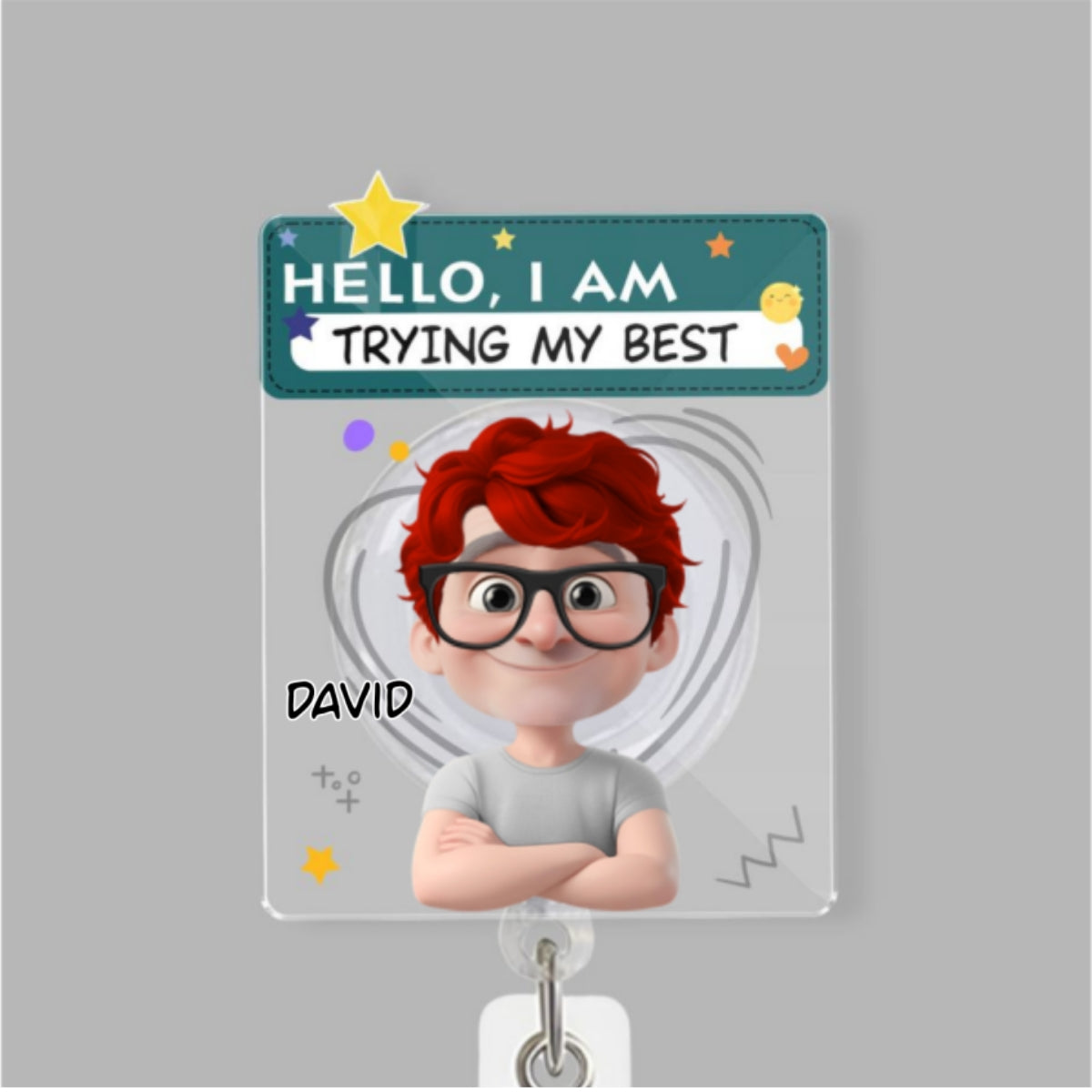 Custom ID Holder Gifts For Coworker, For Boss, Office Gift With Name • I Am Trying My Best Male - Personalized Acrylic Badge Reel