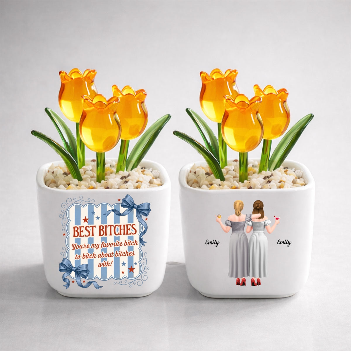 Custom Flower Keepsake, Glass Home Decor Gift for Best Friend • Drama Queens - Personalized Glass Everlasting Tulips