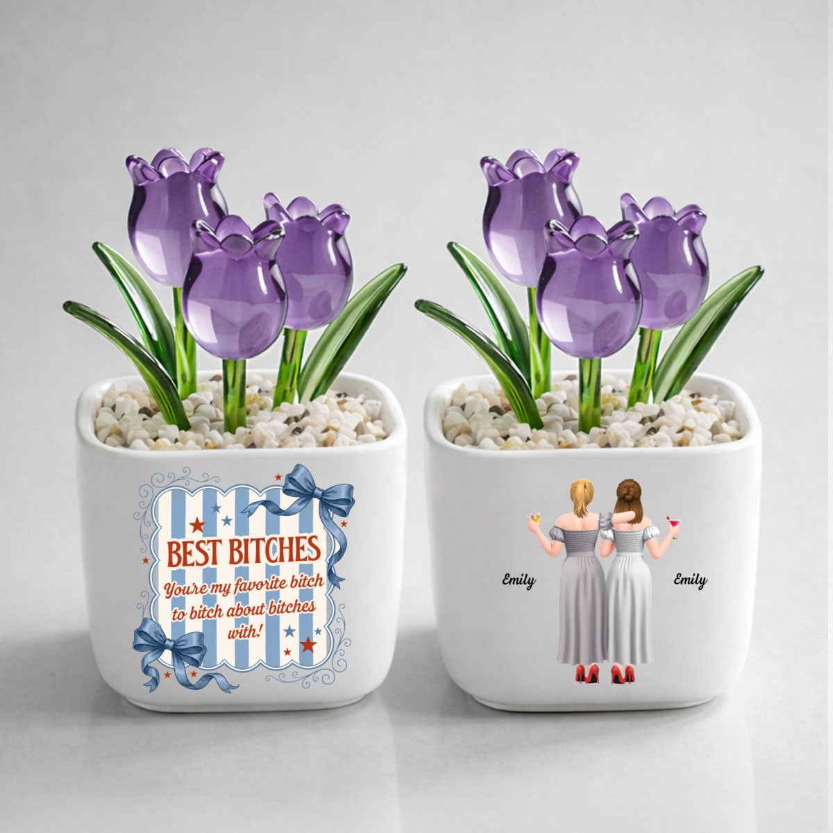 Custom Flower Keepsake, Glass Home Decor Gift for Best Friend • Drama Queens - Personalized Glass Everlasting Tulips