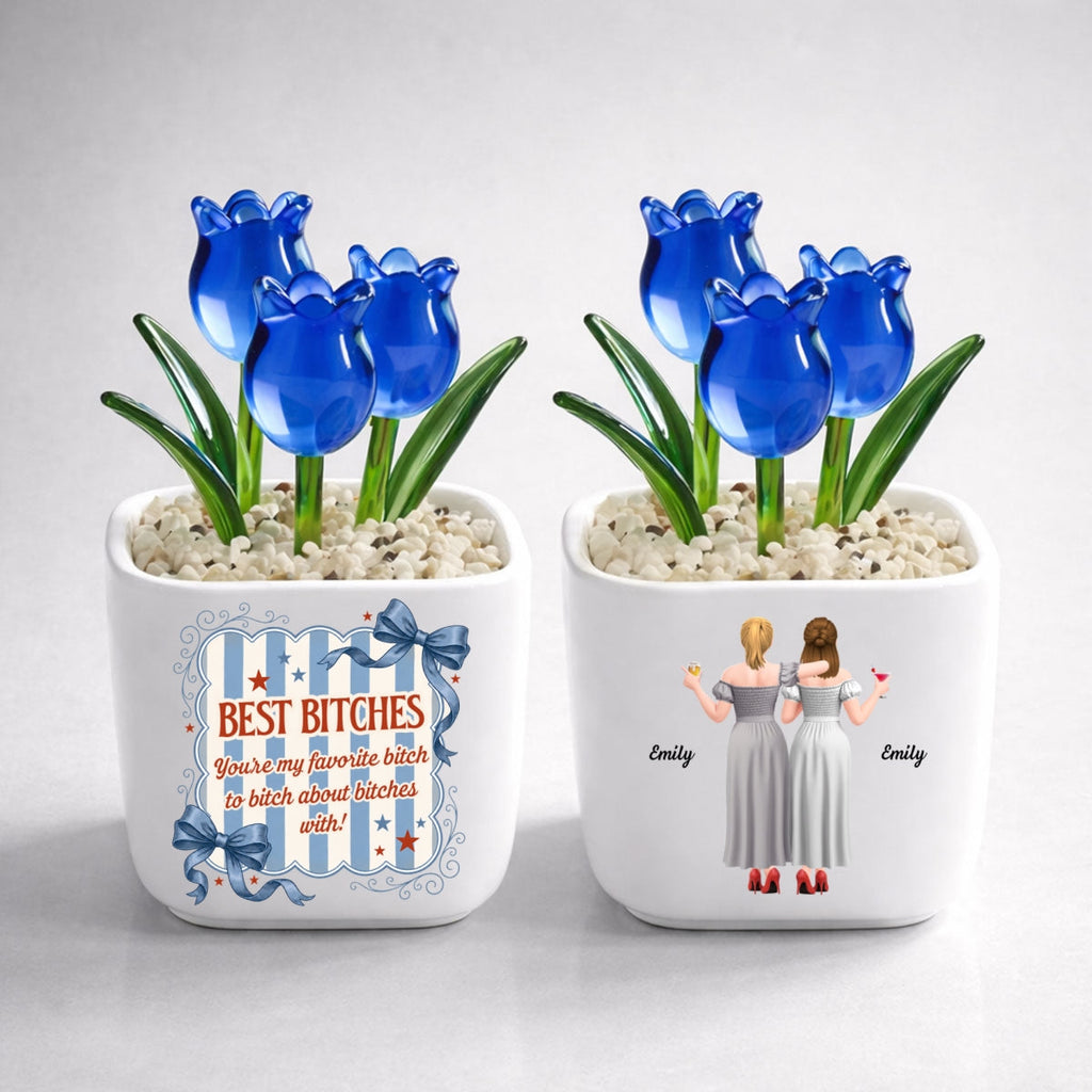 Custom Flower Keepsake, Glass Home Decor Gift for Best Friend • Drama Queens - Personalized Glass Everlasting Tulips