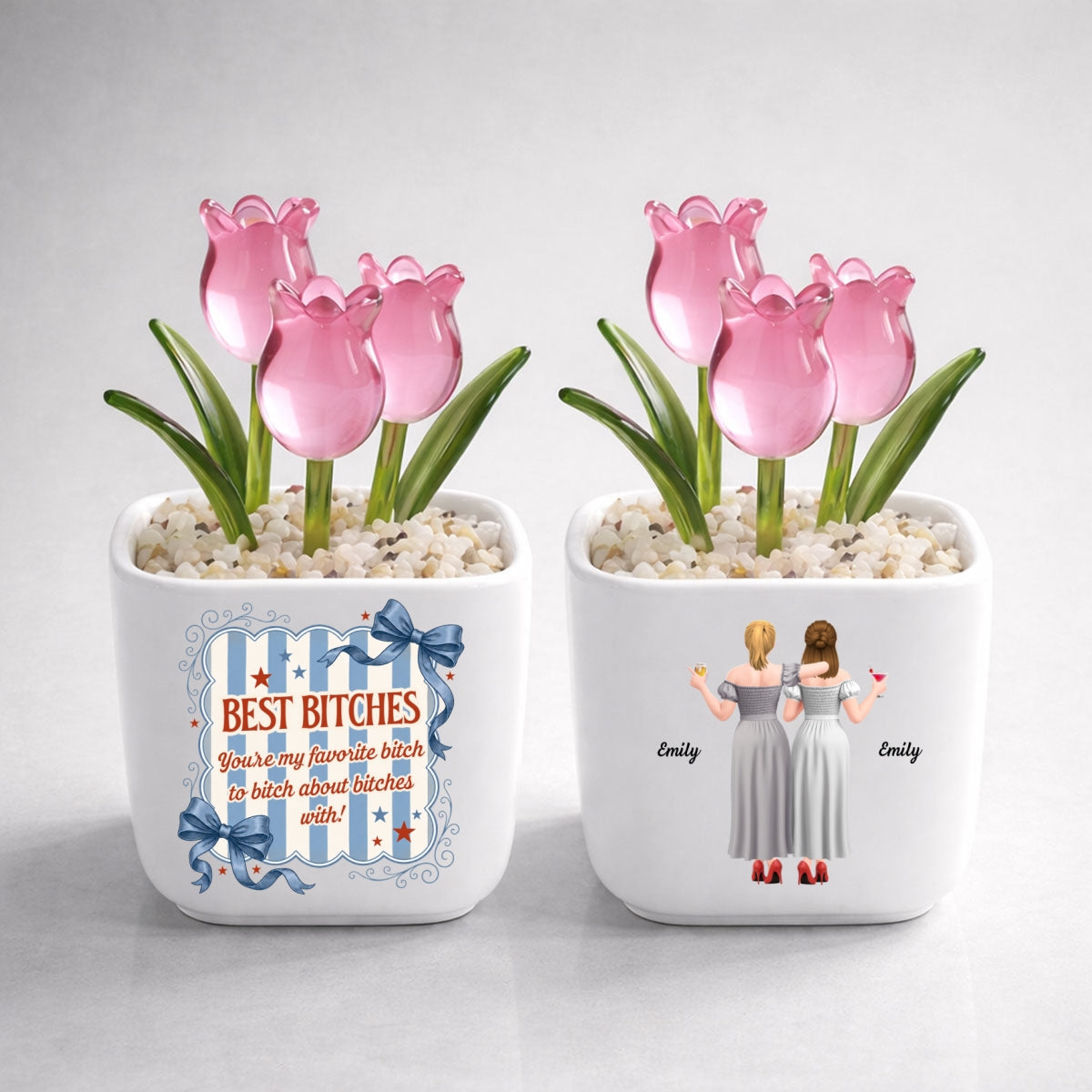 Custom Flower Keepsake, Glass Home Decor Gift for Best Friend • Drama Queens - Personalized Glass Everlasting Tulips