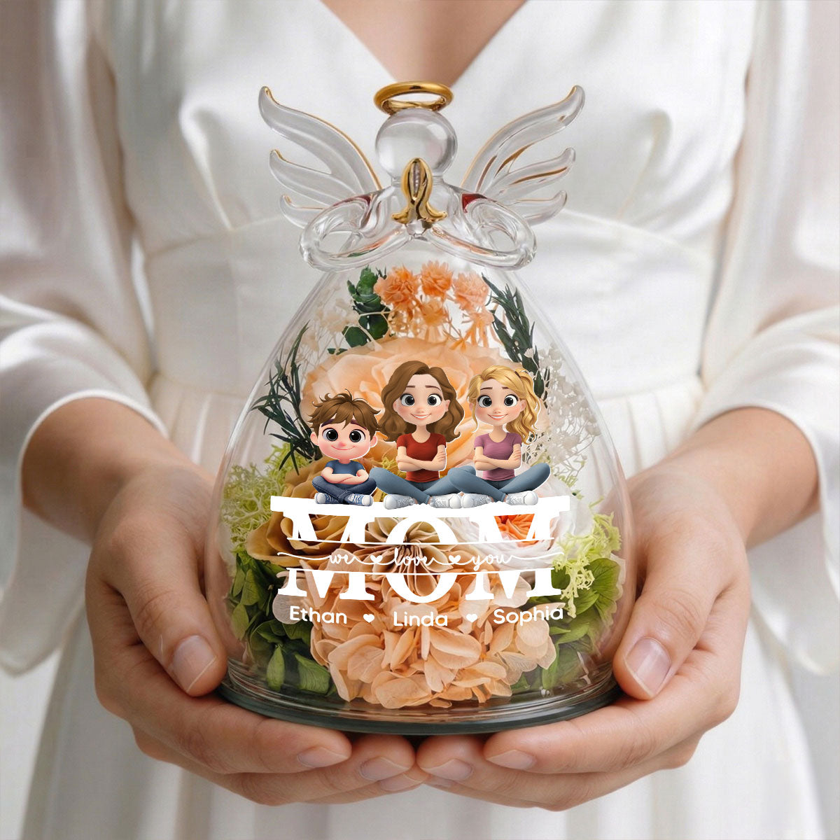We Love You Mom - Personalized Glass Angel Figurines Fresh Flowers