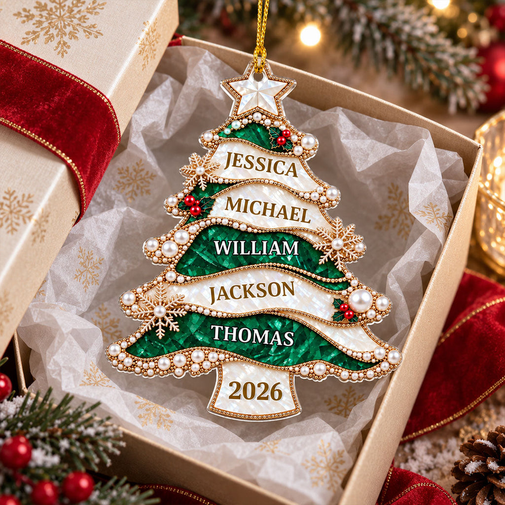 Custom Family Ornament, Christmas Gift for Family Members •  Golden Pearl Christmas Tree - Personalized 3D Effect Acrylic Ornament