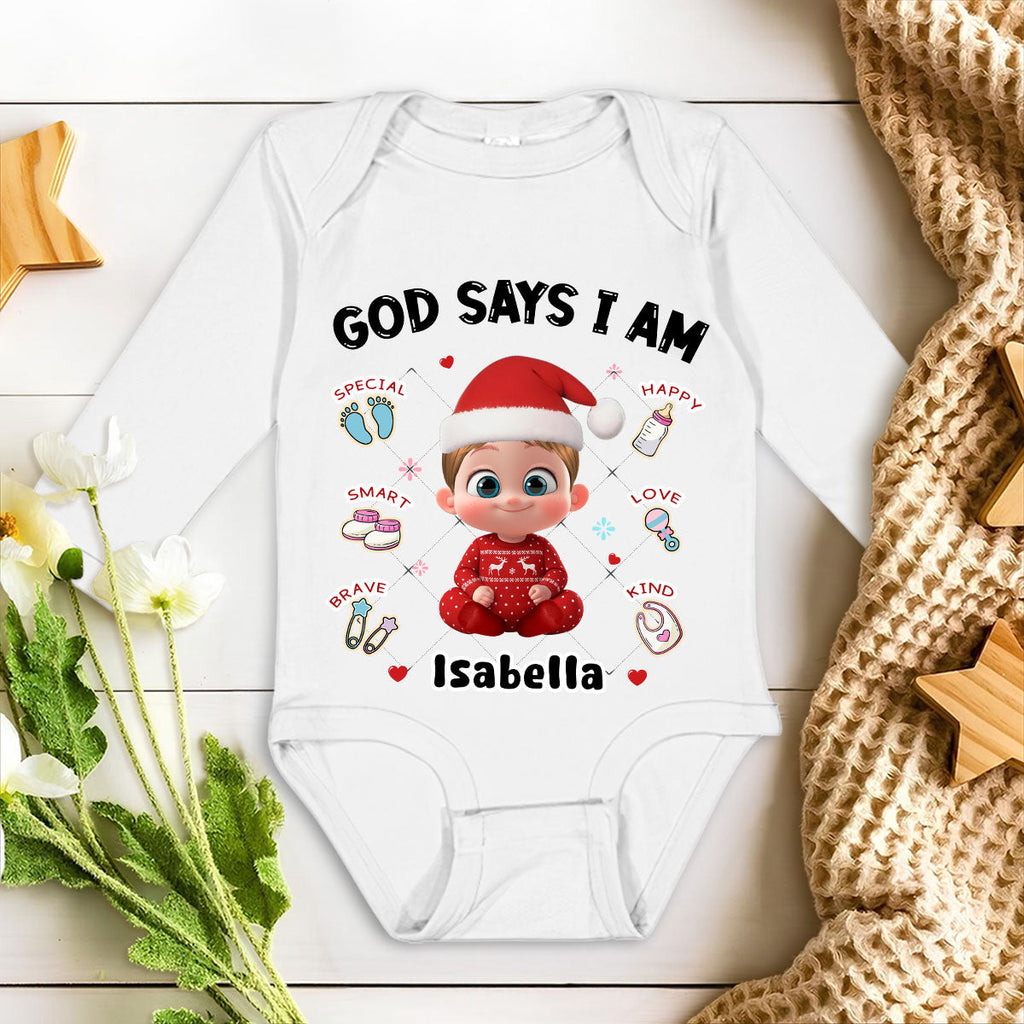 God Says I Am - Personalized Long Sleeve Baby Onesie