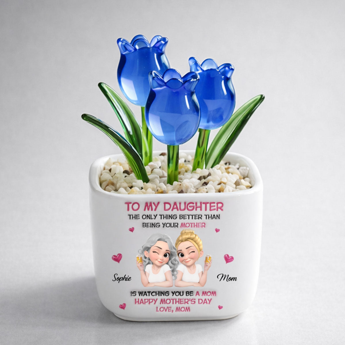 Custom Mother's Day Flower Keepsake, Glass Home Decor Gift for Daughter • Watching Daughter Be A Mom - Personalized Glass Everlasting Tulips