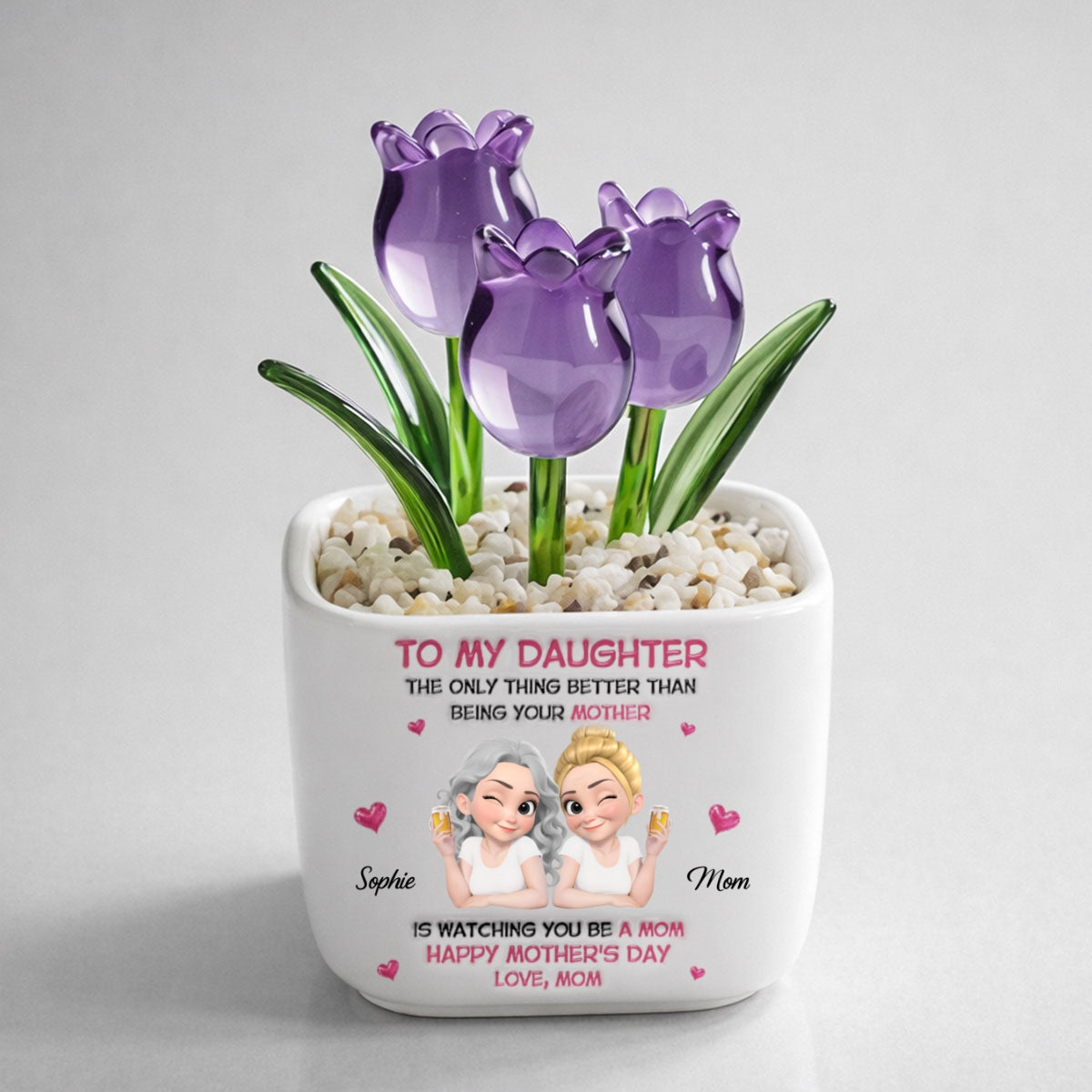 Custom Mother's Day Flower Keepsake, Glass Home Decor Gift for Daughter • Watching Daughter Be A Mom - Personalized Glass Everlasting Tulips