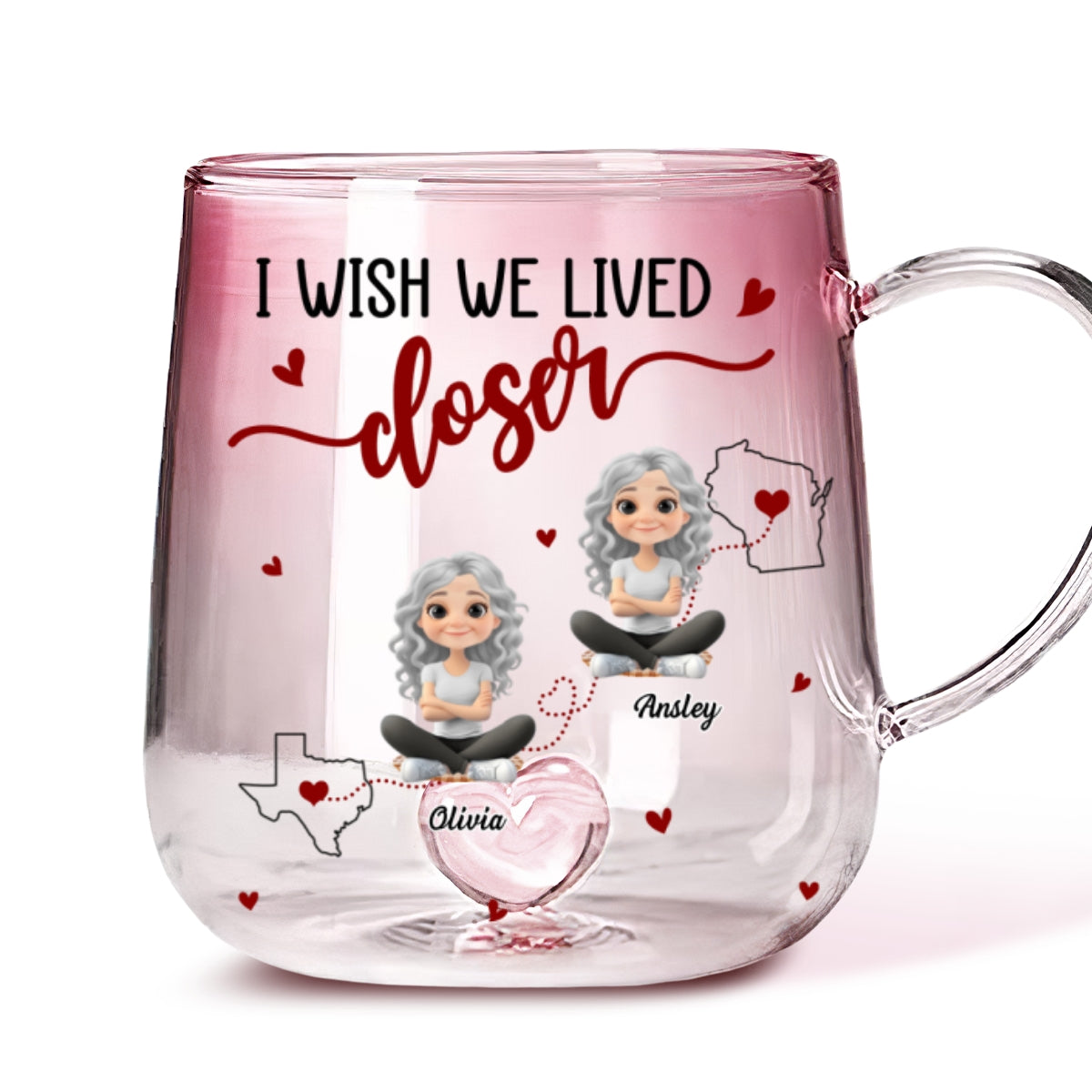Custom Best Friend, Christmas & Birthday Friendship Keepsake Gift • I Wish We Lived Closer - Personalized Pink Gradient Glass Mug