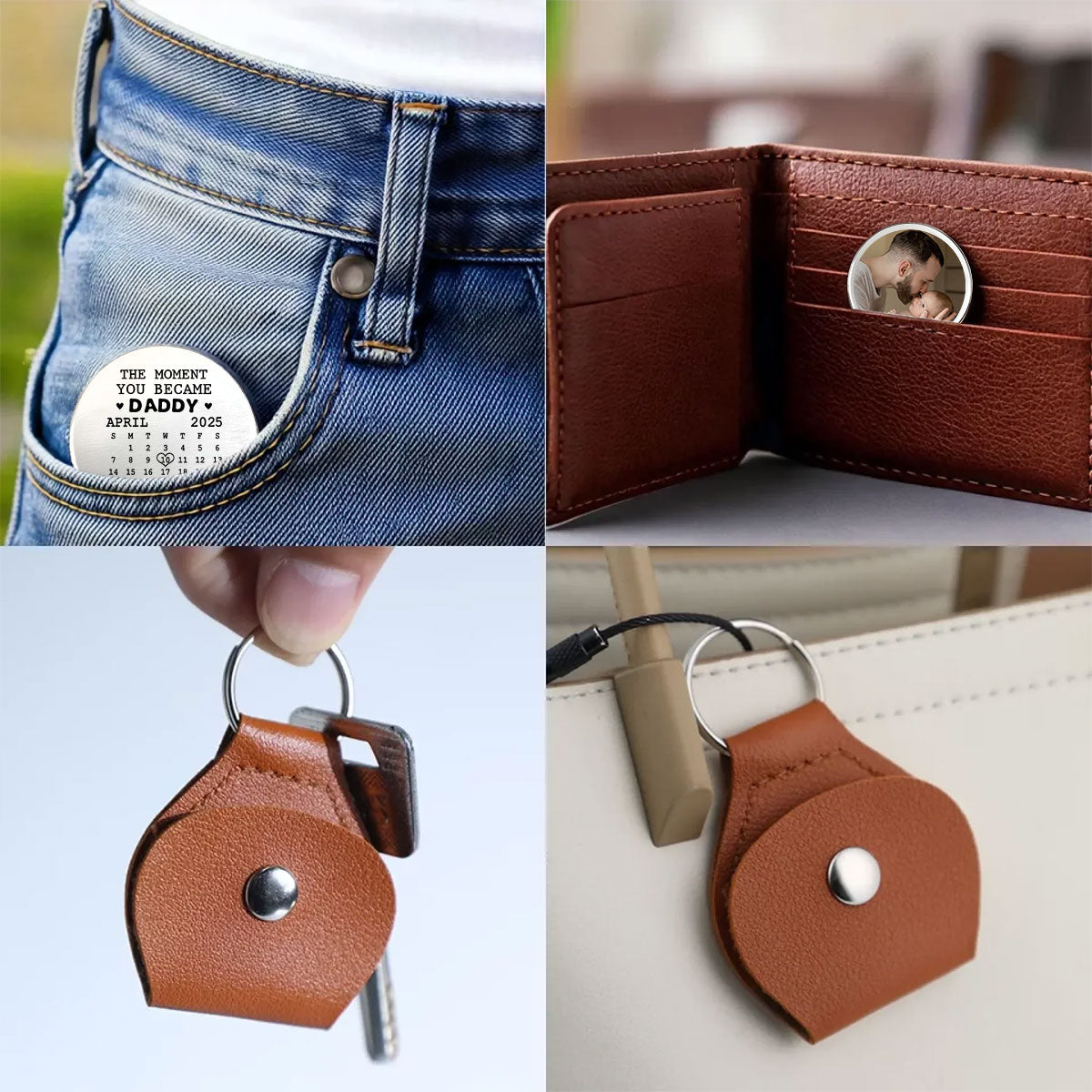 Custom Photo Coin Keychain for Husband, Couple Anniversary Valentine's Day Gifts • The Moment You Became Dad - Personalized Pocket Hug