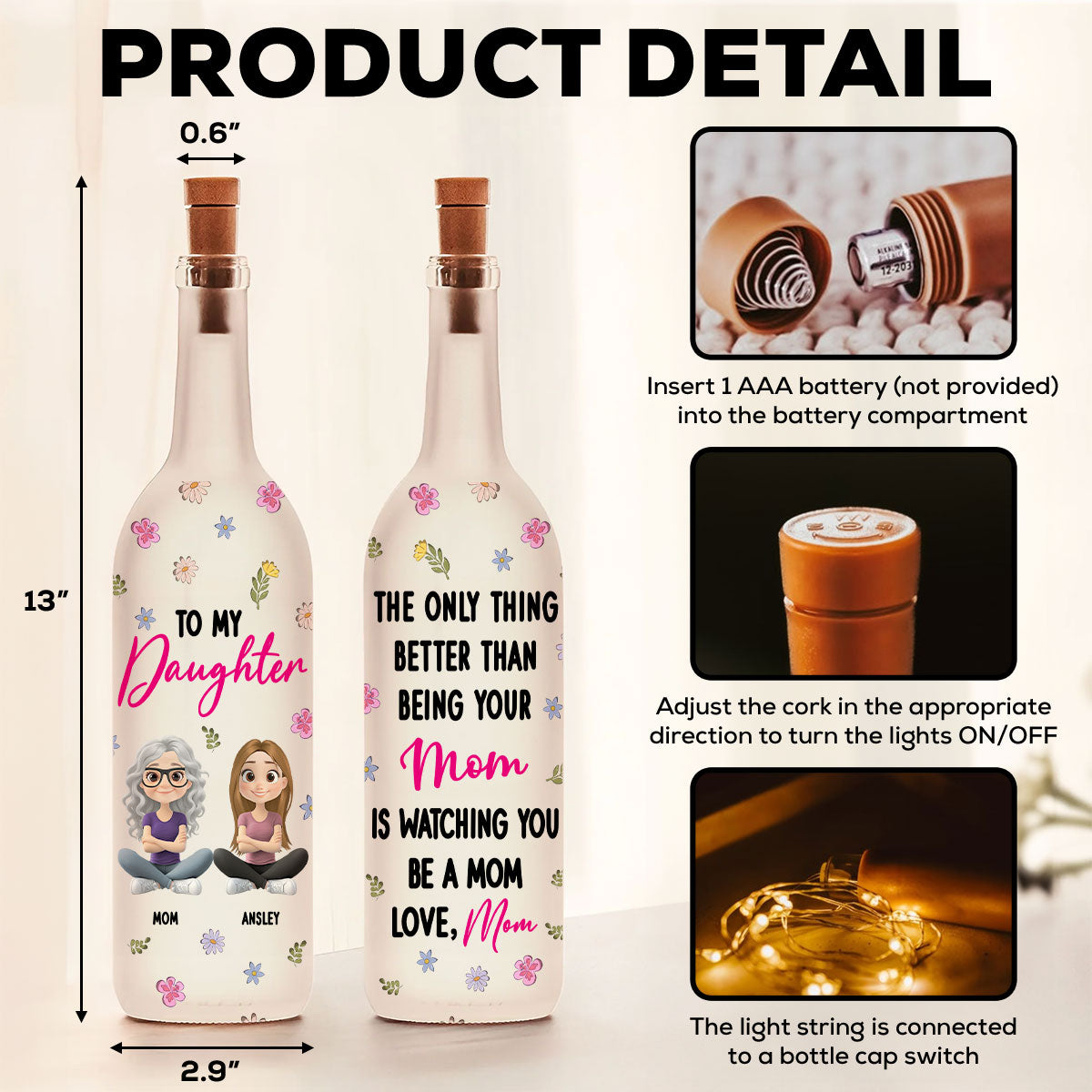 Mom And Daughter Together - Personalized Bottle Lamp