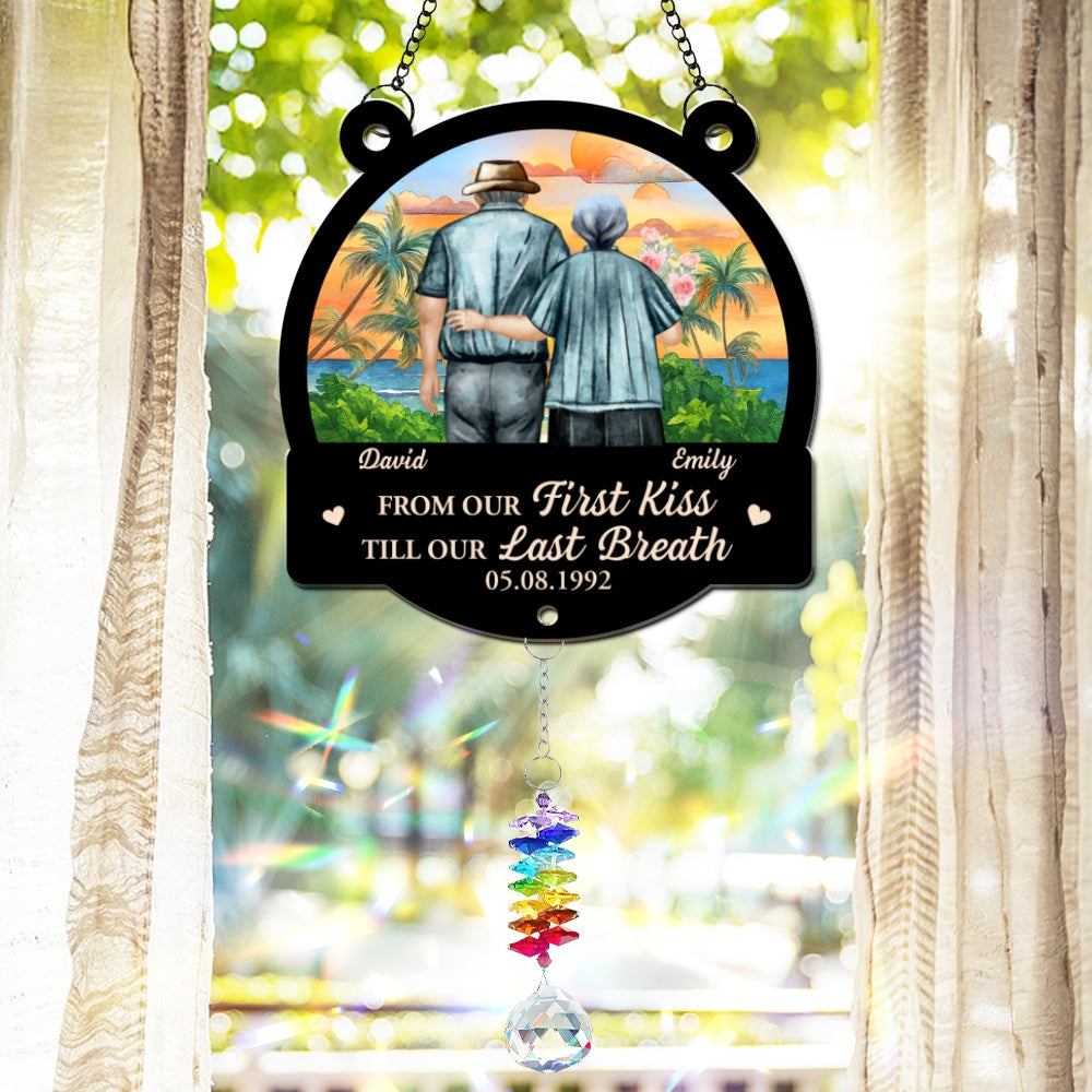 Custom Couple Hanging Decor, Anniversary Valentine's Day Gifts • From Our First Kiss - Personalized Suncatcher With Crystal Rainbow Charm