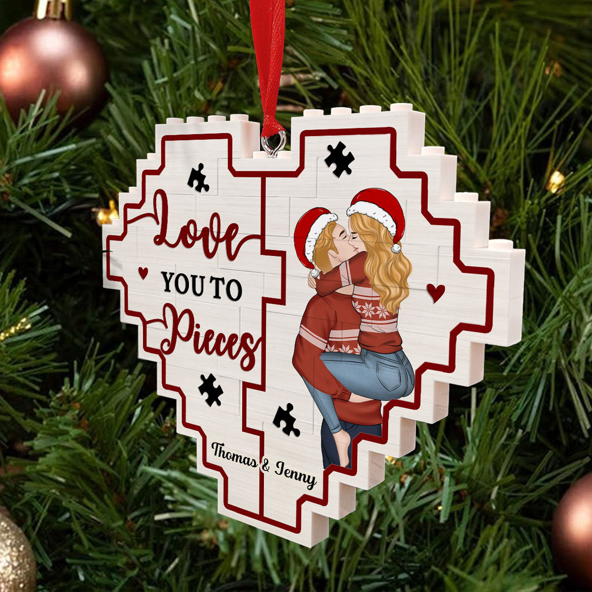 Custom Couple Christmas Ornament, Anniversary Gift •  Love You To Pieces - Personalized 3D Effect Heart Puzzle Ornament