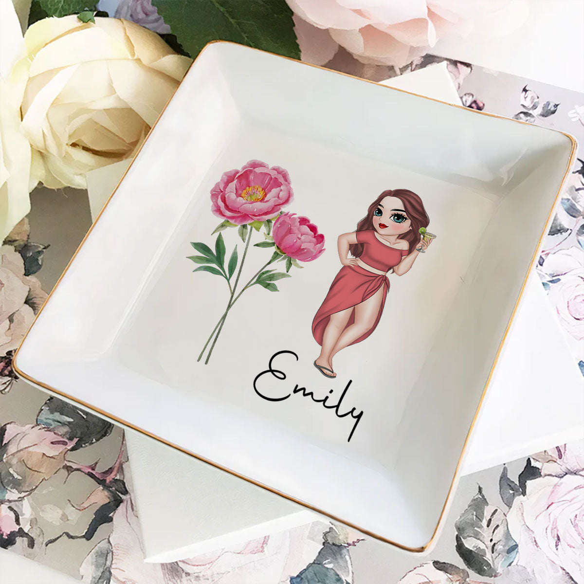 Custom Bestie Trinket Dish, Birthday Christmas Gift For Best Friend • Friends Are Flowers - Personalized Jewelry Dish