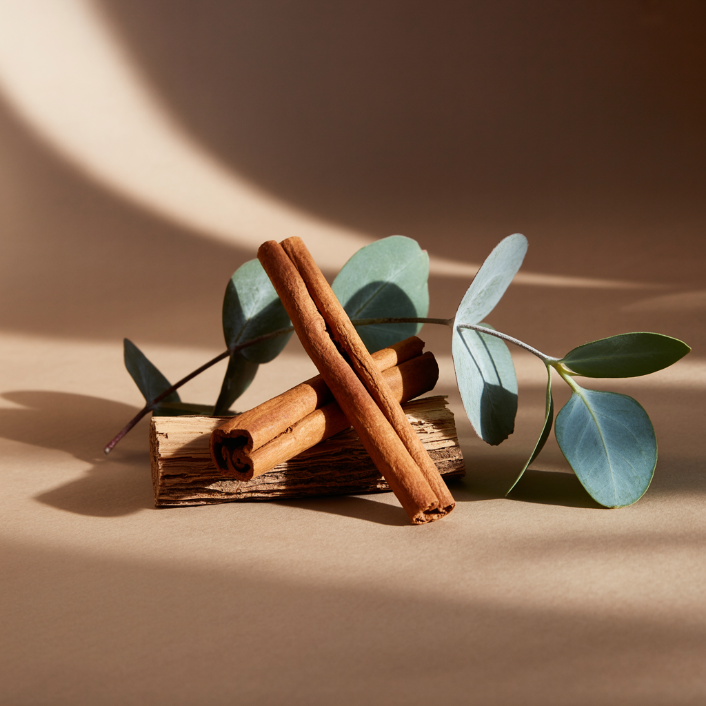 Cinnamon sticks and eucalyptus leaves on a beige surface with a soft shadow