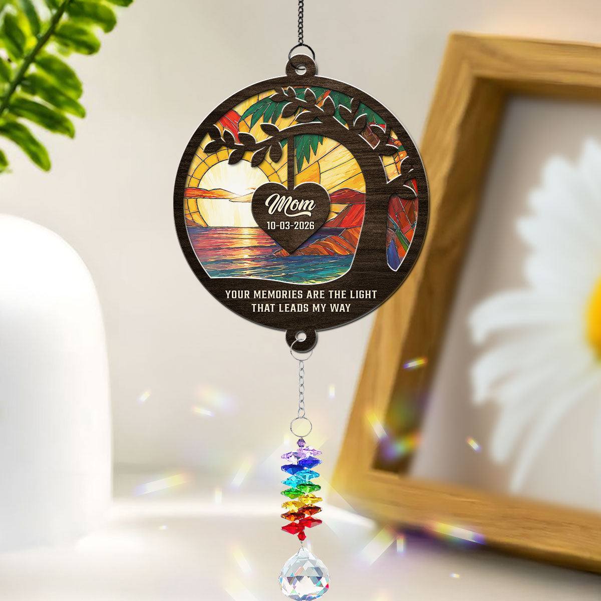 Custom Name Memorial Hanging Decor, Remembrance Keepsake • Your Spirit Lives Within Us - Personalized Suncatcher With Crystal Rainbow Charm