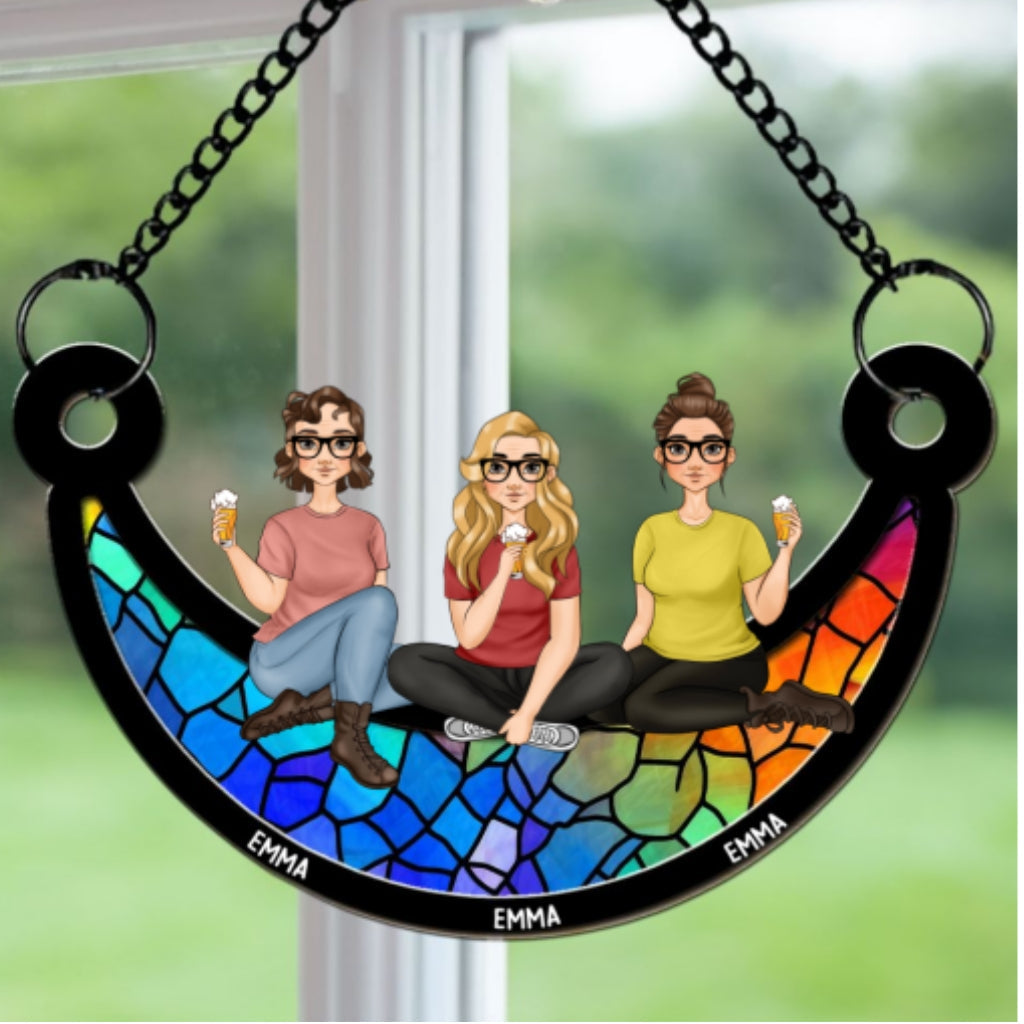 Custom Best Friend Hanging Decor, Friendship Birthday Gifts • Best Friends Sitting On The Moon - Personalized Suncatcher