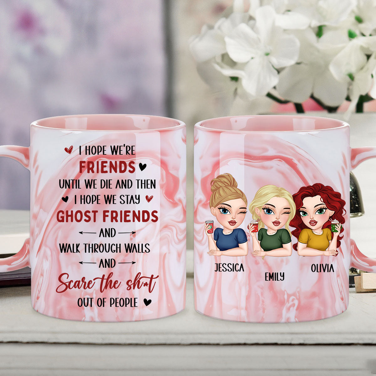 Custom Best Friend, Christmas & Birthday Friendship Keepsake Gift • I Hope We Stay Ghost Friends - Personalized Pink Marble Mug