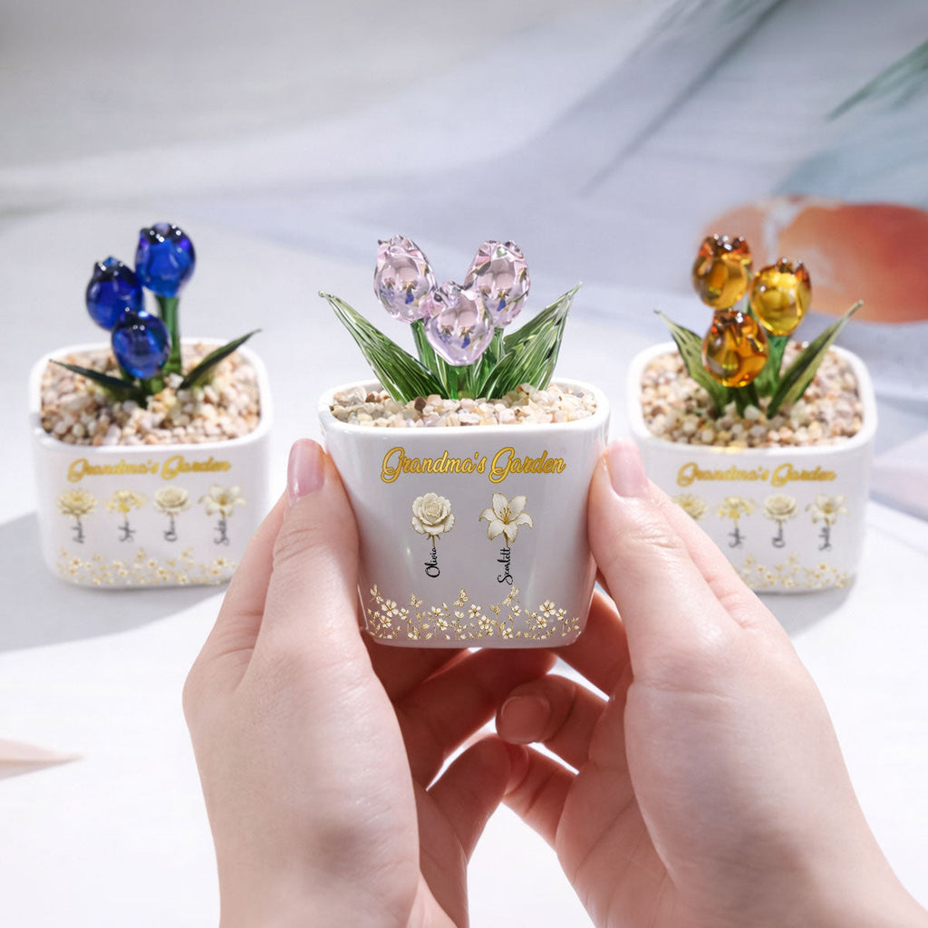 Custom Flower Keepsake, Glass Home Decor Gift for Grandma • Lovely Grandma Garden- Personalized Glass Everlasting Tulips