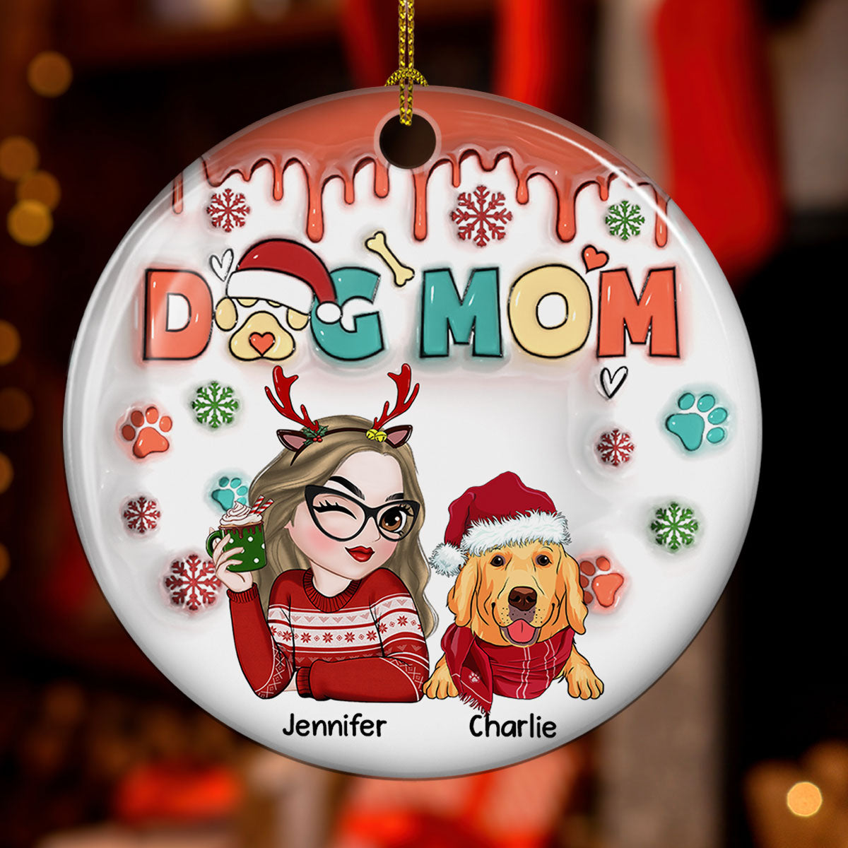 Custom Keepsake Christmas Ornament •  Dog Mom Christmas Paw - Personalized 3D Inflated Effect Ceramic Ornament