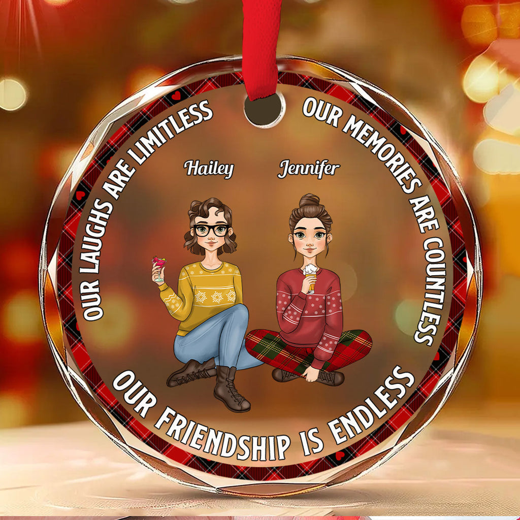 Custom Friendship Christmas Ornament, Best Friend Gift •  Our Laughs Are Limitless - Personalized Glass Ornament