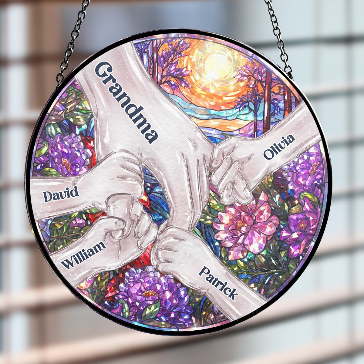 Custom Name Grandma Hanging Decor, Mother's Day Birthday Gifts • Hold Our Hands And Our Hearts 2 - Personalized Window Hanging Suncatcher